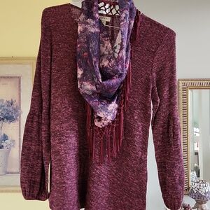 Style & Co. Plum Knit Top With Cowel Neck Removable Scarf , Medium
